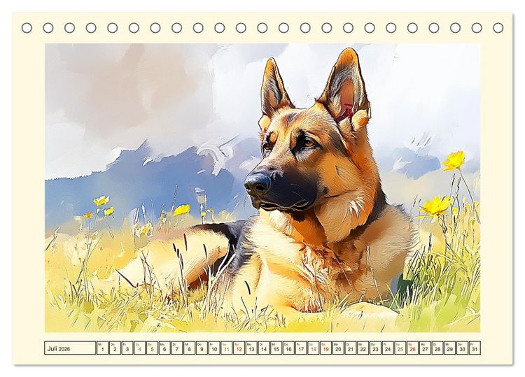 Produktbild: Deutsche Sch&auml;ferhunde. Majest&auml;tische W&auml;chter im Aquarell-Stil (Tischkalender 2026 DIN A5 quer), CALVENDO Monatskalender