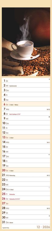 Produktbild: Küchenplaner Kaffee 2026 - Streifen-Kalender 11,3x49x5 cm - Kaffeekalender - mit leckeren Rezepten - Wandplaner - Küchenkalender - Alpha Edition