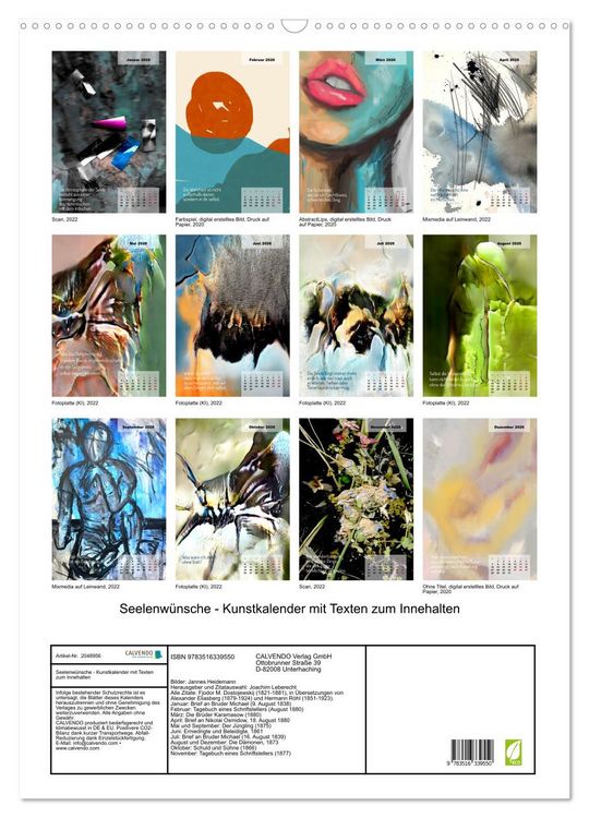 Produktbild: Seelenw&uuml;nsche - Kunstkalender mit Texten zum Innehalten (Wandkalender 2026 DIN A2 hoch), CALVENDO Monatskalender