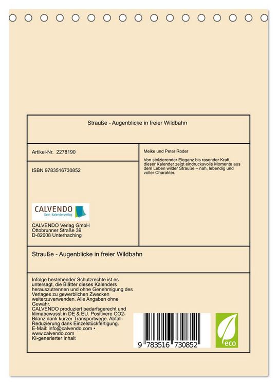 Produktbild: Strau&szlig;e - Augenblicke in freier Wildbahn (Tischkalender 2026 DIN A5 hoch), CALVENDO Monatskalender