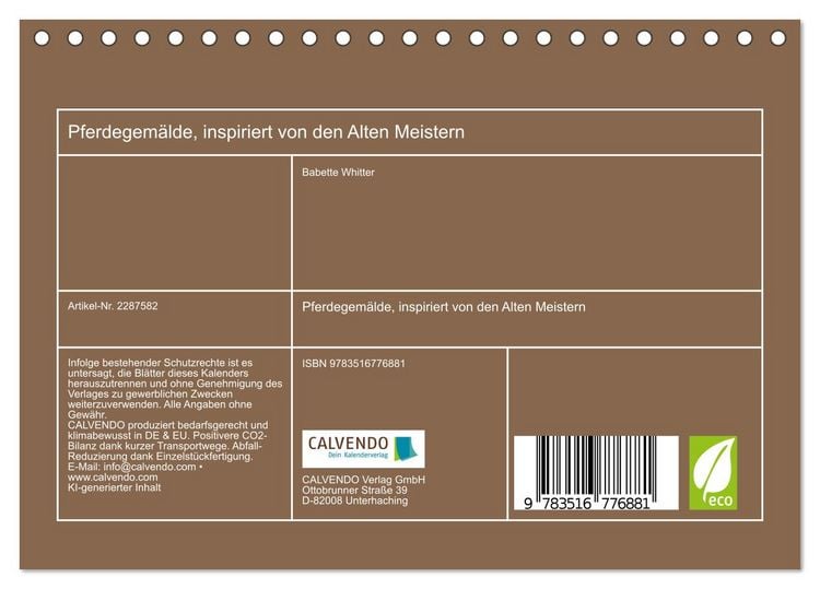 Produktbild: Pferdegem&auml;lde, inspiriert von den Alten Meistern (Tischkalender 2027 DIN A5 quer), CALVENDO Monatskalender