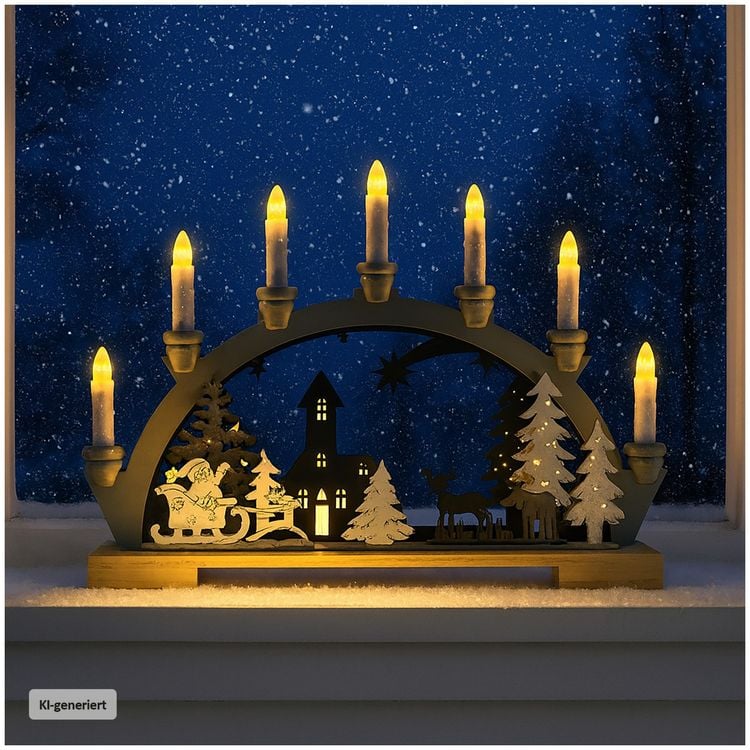 Produktbild: HTI-Living Moderner Schwibbogen LED Holz Grau mit Weihnachtsmotiv und 7 LED Kerzen