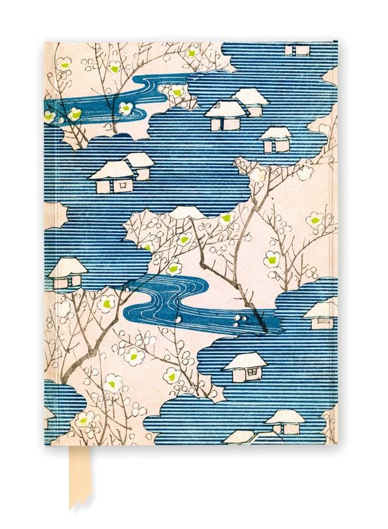 Produktbild: Premium Notizbuch DIN A5: Japanischer Holzschnitt, H&uuml;tten mit Fl&uuml;ssen und Kirchbl&uuml;ten