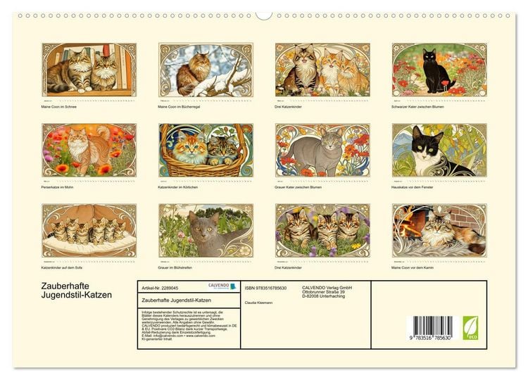 Produktbild: Zauberhafte Jugendstil-Katzen (hochwertiger Premium Wandkalender 2027 DIN A2 quer), Kunstdruck in Hochglanz