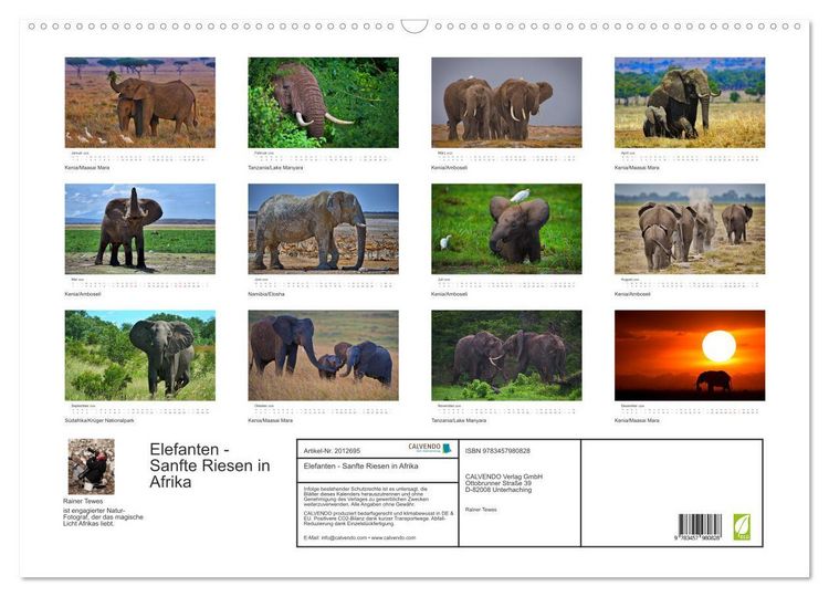 Produktbild: Elefanten - Sanfte Riesen in Afrika (Wandkalender 2026 DIN A2 quer), CALVENDO Monatskalender