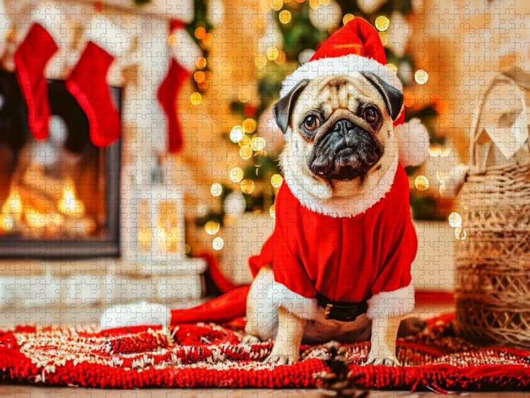 Produktbild: CALVENDO Puzzle Mops als Weihnachtsmann | 1000 Teile Lege-Gr&ouml;&szlig;e 64x48cm Foto-Puzzle f&uuml;r gl&uuml;ckliche Stunden