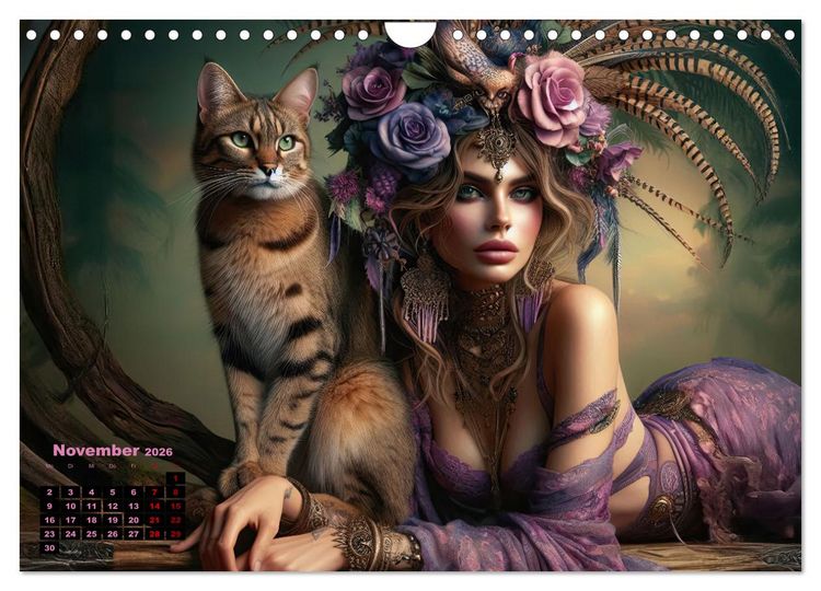 Produktbild: Luxuri&ouml;ser Bohemian Flair - Elegante Frauen mit anmutigen Katzen (Wandkalender 2026 DIN A4 quer), CALVENDO Monatskalender