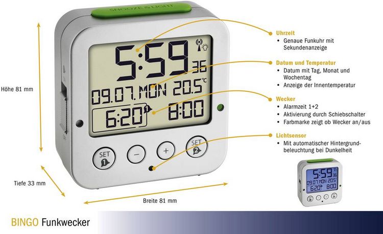 Produktbild: TFA Dostmann 60.2528.54 Funk Wecker Silber Alarmzeiten 2