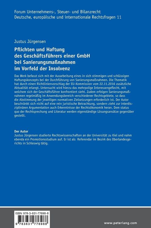 Produktbild: Pflichten und Haftung des Gesch&auml;ftsf&uuml;hrers einer GmbH bei Sanierungsma&szlig;nahmen im Vorfeld der Insolvenz