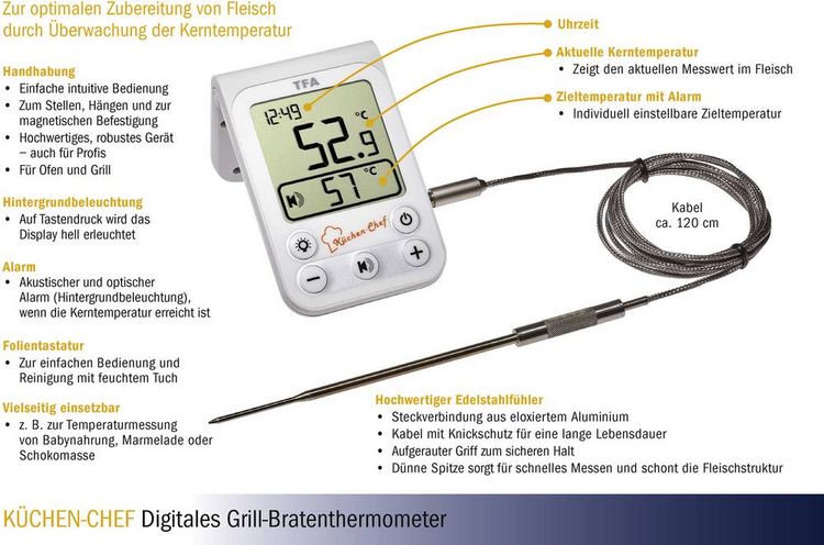 Produktbild: TFA Dostmann 14.1510.02 Grill-Thermometer &Uuml;berwachung der Kerntemperatur, Kabelsensor Braten, Grillgut, Niedergaren