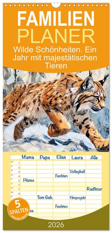 Produktbild: Familienplaner 2026 - Wilde Sch&ouml;nheiten. Ein Jahr mit majest&auml;tischen Tieren mit 5 Spalten (Wandkalender, 21 x 45 cm) CALVENDO