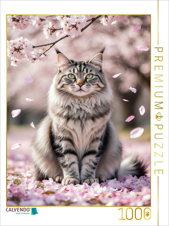 Produktbild: CALVENDO Puzzle Eine Maine Coon Katze sitzt zwischen Kirschbl&uuml;ten und strahlt Ruhe und Anmut im Fr&uuml;hling aus. | 1000 Teile Lege-Gr&ouml;&szlig;e 64x48cm Foto-Puz