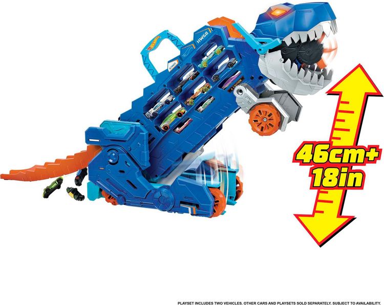Produktbild: Der Hot Wheels City Ultimative Transporter verwandelt sich in einen T-Rex mit Rennstrecke, Aufbewahrung von mehr als 20 Autos