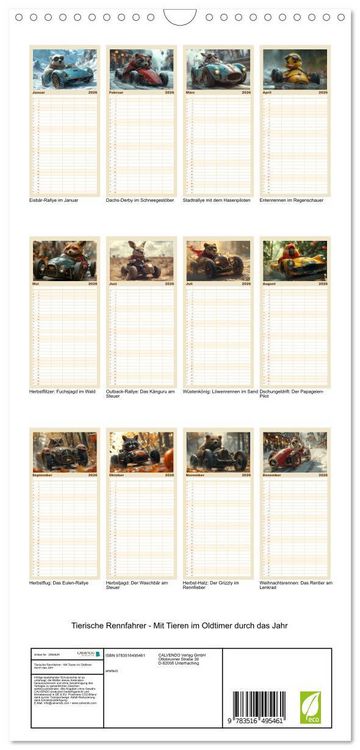 Produktbild: Familienplaner 2026 - Tierische Rennfahrer - Mit Tieren im Oldtimer durch das Jahr mit 5 Spalten (Wandkalender, 21 x 45 cm) CALVENDO