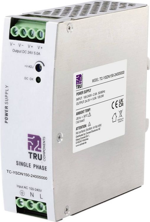 Produktbild: TRU COMPONENTS TC-10580792 Hutschienen-Netzteil (DIN-Rail) 24 V/DC 5 A 120 W Anzahl Ausg&auml;nge:1 x Inhalt 1 St.