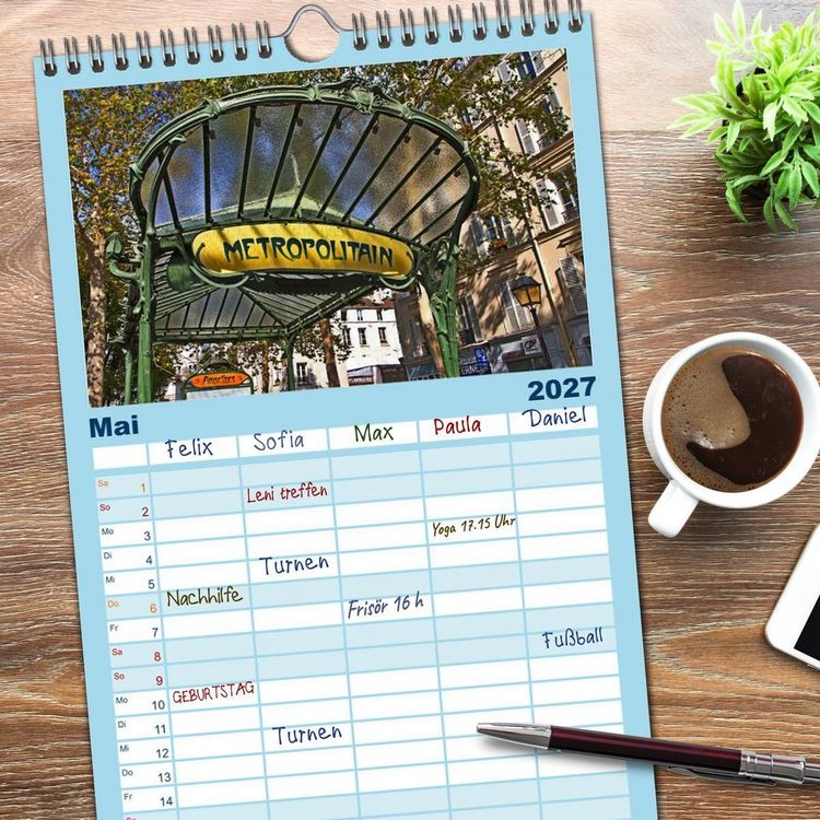 Produktbild: Familienplaner 2027 - Paris mit 5 Spalten (Wandkalender, 21 x 45 cm) CALVENDO