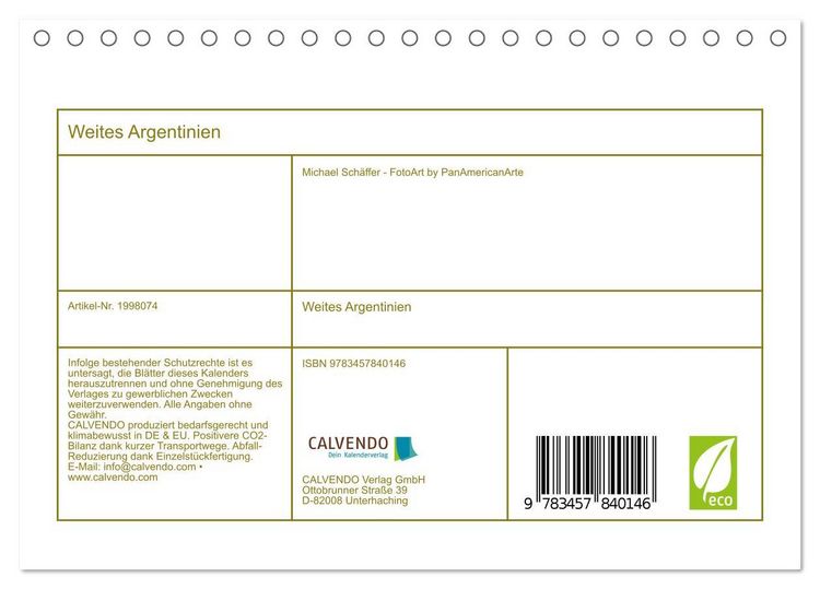 Produktbild: Weites Argentinien (Tischkalender 2026 DIN A5 quer), CALVENDO Monatskalender