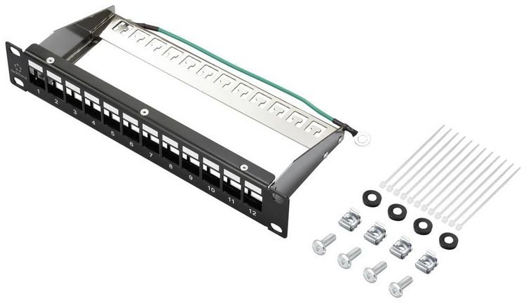 Produktbild: Renkforce RF-4996626 12 Port Patch-Panel 254mm (10\") Unbest&uuml;ckt 1 HE Schwarz Unbest&uuml;ckt