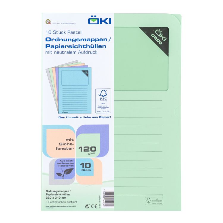 Produktbild: &Ouml;KI Einsteckmappen Ordo Mappe DIN A4 pastell, 120g/qm, 10er Set
