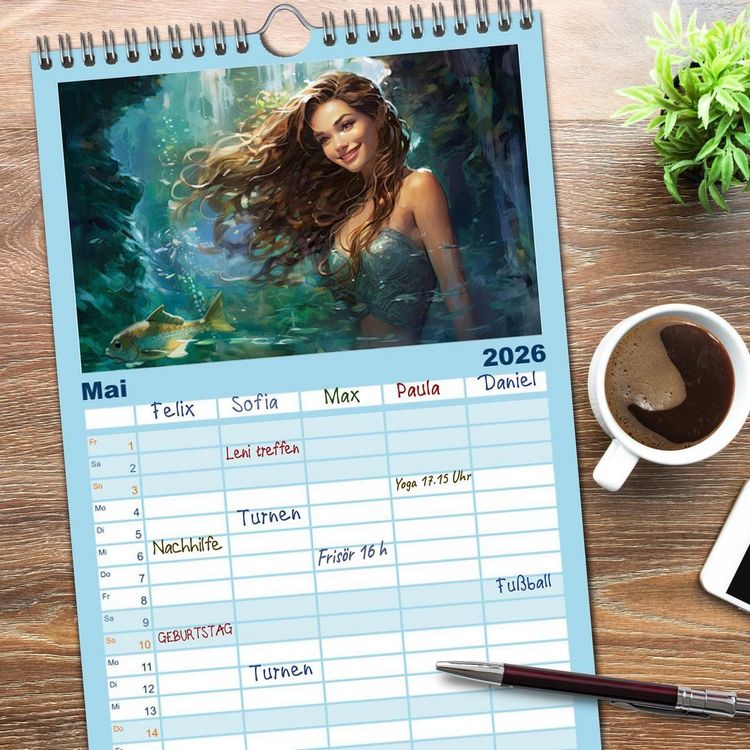 Produktbild: Familienplaner 2026 - Liebliche Meerjungfrauen mit 5 Spalten (Wandkalender, 21 x 45 cm) CALVENDO