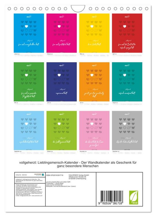 Produktbild: vollgeherzt: Lieblingsmensch-Kalender - Der Wandkalender als Geschenk f&uuml;r ganz besondere Menschen (Wandkalender 2026 DIN A4 hoch), CALVENDO Monatskalender