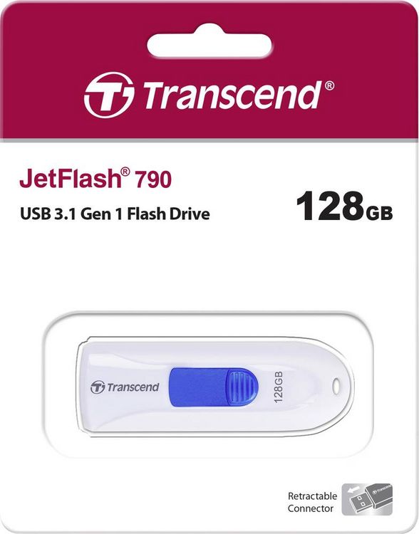 Produktbild: Transcend JetFlash&reg; 790 USB-Stick 128 GB Wei&szlig;, Blau TS128GJF790W USB 3.2 Gen 2 (USB 3.1)
