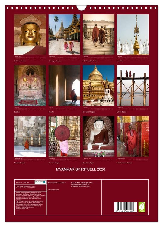Produktbild: MYANMAR SPIRITUELL 2026 (Wandkalender 2026 DIN A3 hoch), CALVENDO Monatskalender