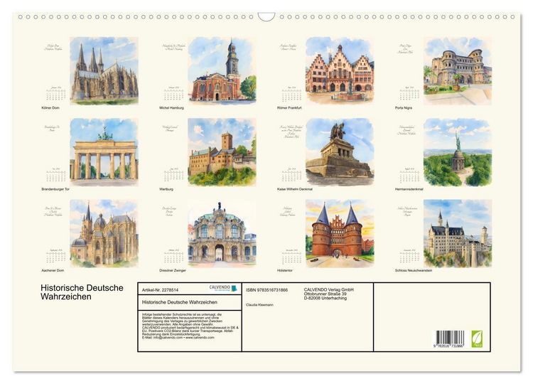 Produktbild: Historische Deutsche Wahrzeichen (Wandkalender 2026 DIN A2 quer), CALVENDO Monatskalender