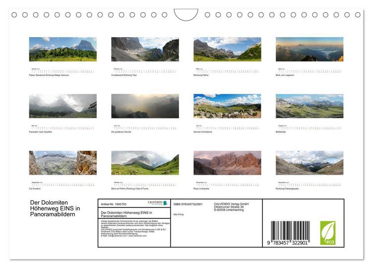 Produktbild: Der Dolomiten H&ouml;henweg EINS in Panoramabildern (Wandkalender 2026 DIN A4 quer), CALVENDO Monatskalender