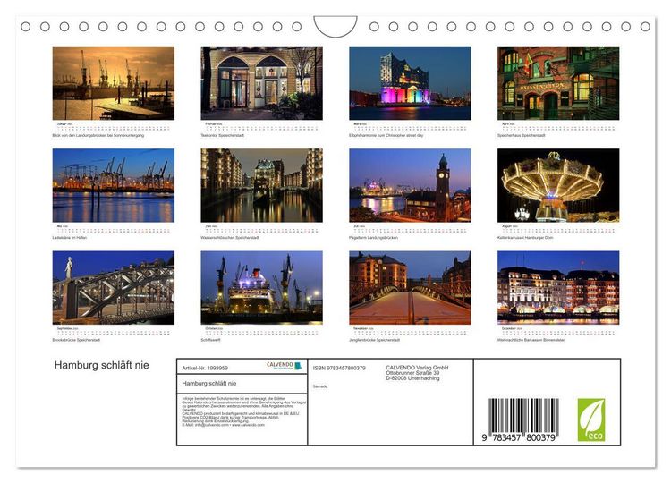 Produktbild: Hamburg schl&auml;ft nie (Wandkalender 2026 DIN A4 quer), CALVENDO Monatskalender
