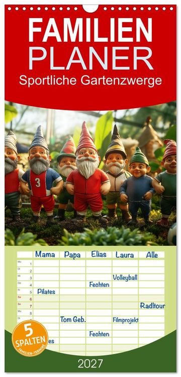 Produktbild: Familienplaner 2027 - Sportliche Gartenzwerge mit 5 Spalten (Wandkalender, 21 x 45 cm) CALVENDO