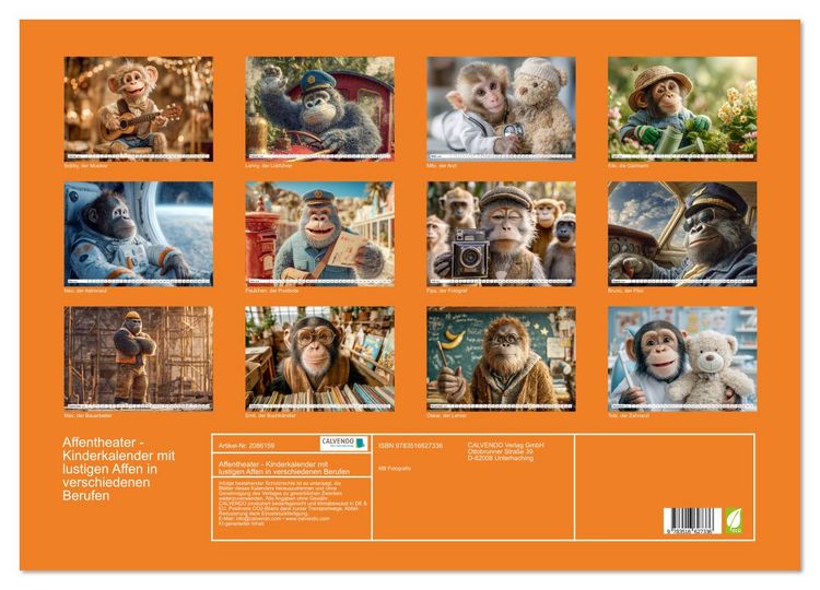 Produktbild: Affentheater - Kinderkalender mit lustigen Affen in verschiedenen Berufen (Wandkalender 2026 DIN A2 quer), CALVENDO Monatskalender