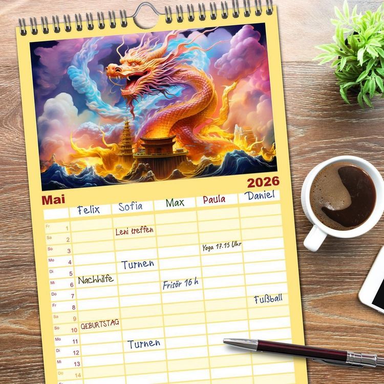 Produktbild: Familienplaner 2026 - Drachen-Jahr - Kalenderplaner im Stile des chinesischen Tierkreiszeichens mit 5 Spalten (Wandkalender, 21 x 45 cm) CALVENDO
