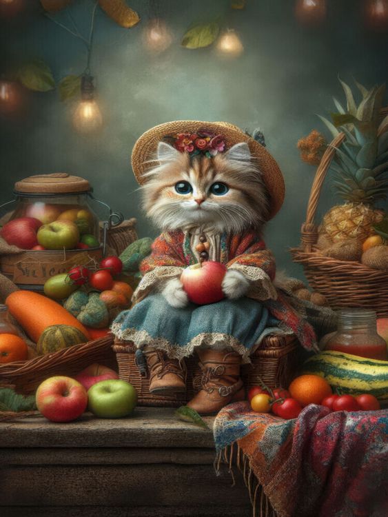 Produktbild: CALVENDO Puzzle Frisches Obst und Gem&uuml;se nach Landfrauenart bietet diese kleine Katze an | 1000 Teile Lege-Gr&ouml;&szlig;e 64x48cm Foto-Puzzle f&uuml;r gl&uuml;ckliche St