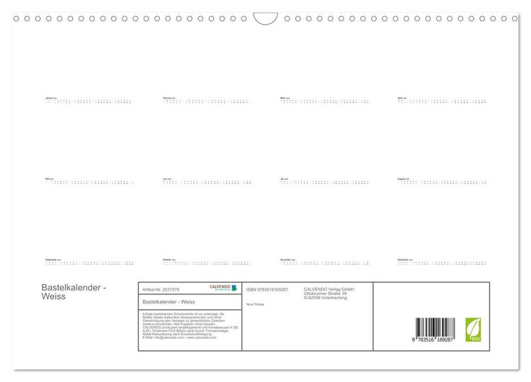 Produktbild: Bastelkalender - Weiss (Wandkalender 2026 DIN A3 quer), CALVENDO Monatskalender