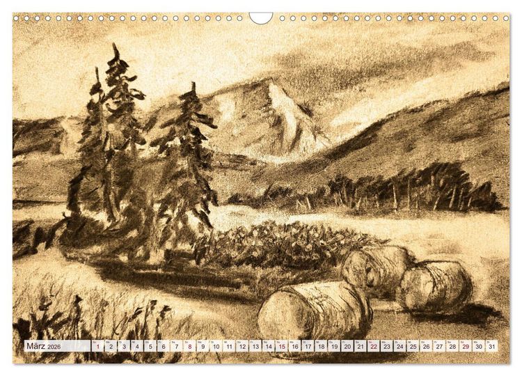 Produktbild: Pausen f&uuml;r deine Seele - Seelenlandschaften in Sepia - Ein Jahr der Ruhe mit Kohlezeichnungen (Wandkalender 2026 DIN A3 quer), CALVENDO Monatskalender