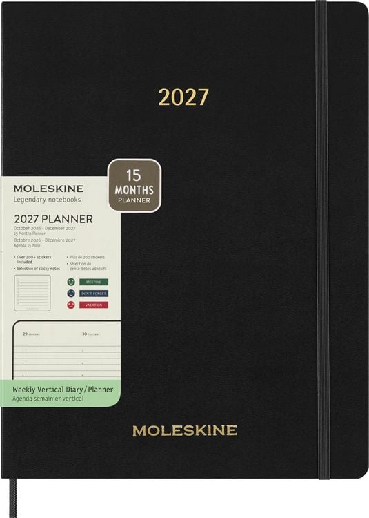 Produktbild: Moleskine 15 Monate Essential Wochenkalender 2026/2027, 1 Wo = 2 Seiten, vertikal, XXL, weicher Einband, Schwarz