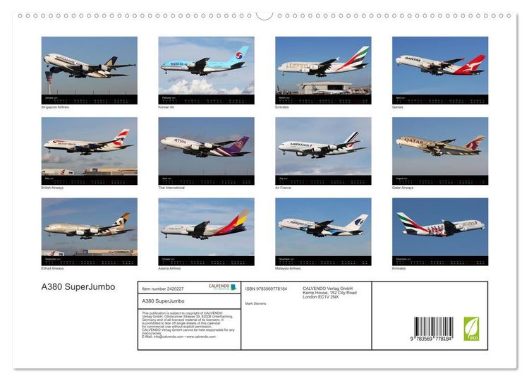 Produktbild: A380 SuperJumbo (High Quality Premium Wall Calendar 2027 DIN A2 landscape),CALVENDO 12 Month Wall Calendar