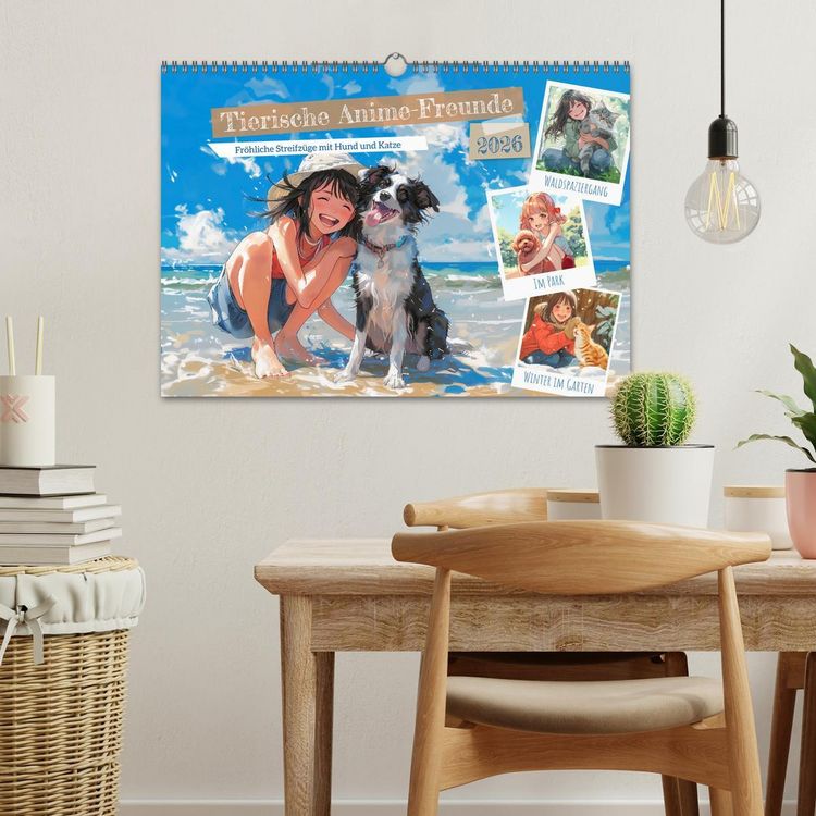 Produktbild: Tierische Anime-Freunde - Fr&ouml;hliche Streifz&uuml;ge mit Hund und Katze (Wandkalender 2026 DIN A3 quer), CALVENDO Monatskalender