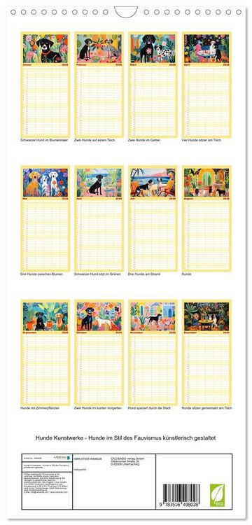 Produktbild: Familienplaner 2026 - Hunde Kunstwerke - Hunde im Stil des Fauvismus k&uuml;nstlerisch gestaltet mit 5 Spalten (Wandkalender, 21 x 45 cm) CALVENDO