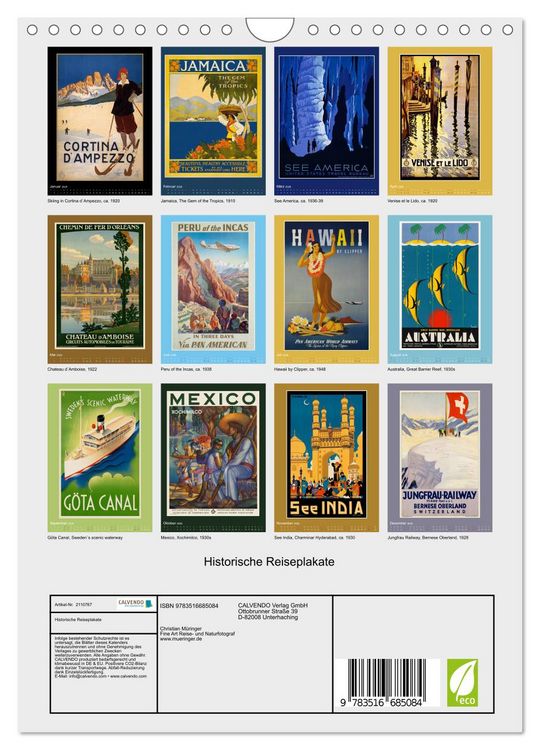 Produktbild: Historische Reiseplakate (Wandkalender 2026 DIN A4 hoch), CALVENDO Monatskalender