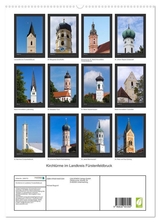 Produktbild: Kircht&uuml;rme im Landkreis F&uuml;rstenfeldbruck (hochwertiger Premium Wandkalender 2026 DIN A2 hoch), Kunstdruck in Hochglanz