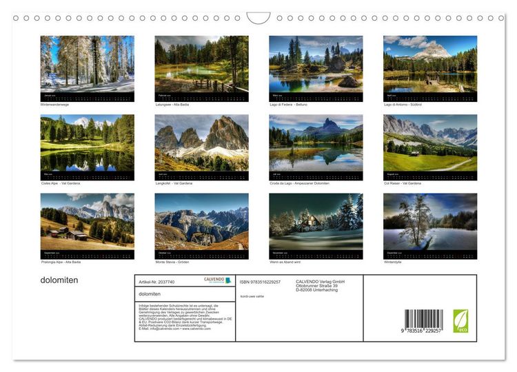 Produktbild: dolomiten (Wandkalender 2026 DIN A3 quer), CALVENDO Monatskalender