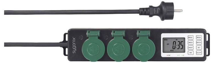 Produktbild: Sygonix SY-6786454 Gartensteckdose mit Zeitschaltuhr 3fach Schwarz, Gr&uuml;n Schutzkontakt 1St.