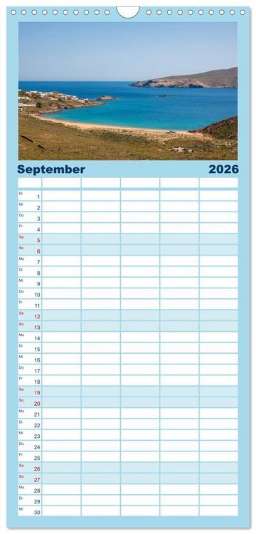Produktbild: Familienplaner 2026 - Mykonos - Natur, Meer und wei&szlig;e W&auml;nde mit 5 Spalten (Wandkalender, 21 x 45 cm) CALVENDO