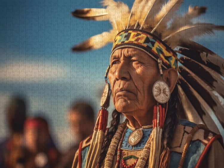 Produktbild: CALVENDO Puzzle Ehrenvolle Pracht: Stolzer Indianer-H&auml;uptling im Federschmuck | 2000 Teile Lege-Gr&ouml;&szlig;e 90x67cm Foto-Puzzle f&uuml;r gl&uuml;ckliche Stunden