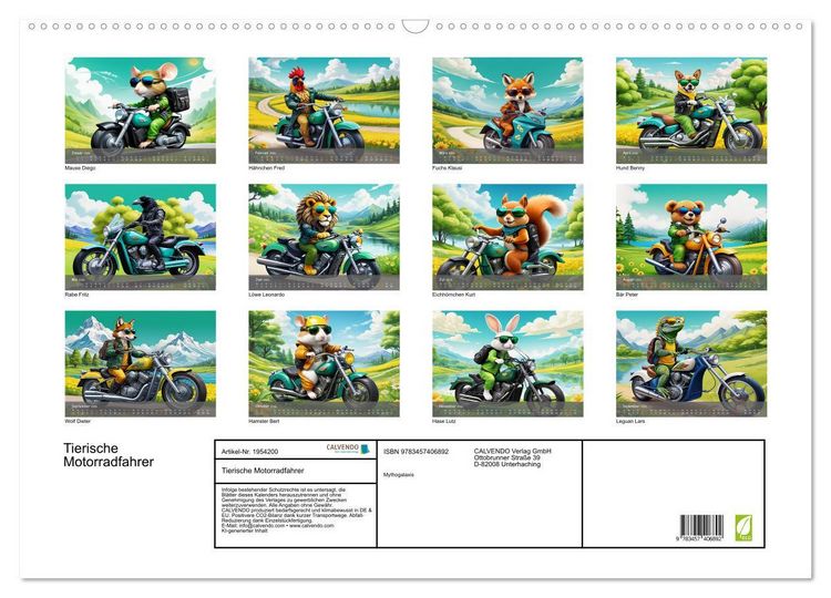 Produktbild: Tierische Motorradfahrer (Wandkalender 2026 DIN A2 quer), CALVENDO Monatskalender