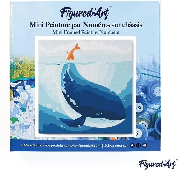 Produktbild: FiguredArt SFA059-Y - Mini Malen nach Zahlen, Blauwal, Leinwand-Keilrahmen 20x20cm, DIY Bastelset, Paint by Numbers