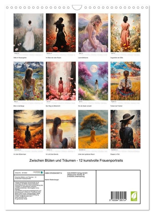 Produktbild: Zwischen Bl&uuml;ten und Tr&auml;umen - 12 kunstvolle Frauenportraits (Wandkalender 2027 DIN A3 hoch), CALVENDO Monatskalender