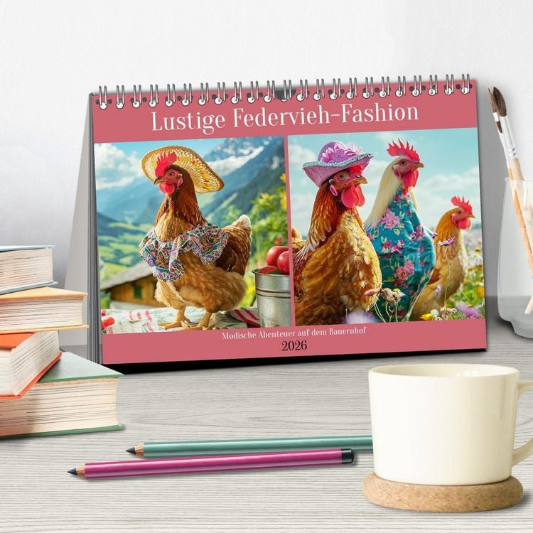 Produktbild: Lustige Federvieh-Fashion. Modische Abenteuer auf dem Bauernhof (Tischkalender 2026 DIN A5 quer), CALVENDO Monatskalender
